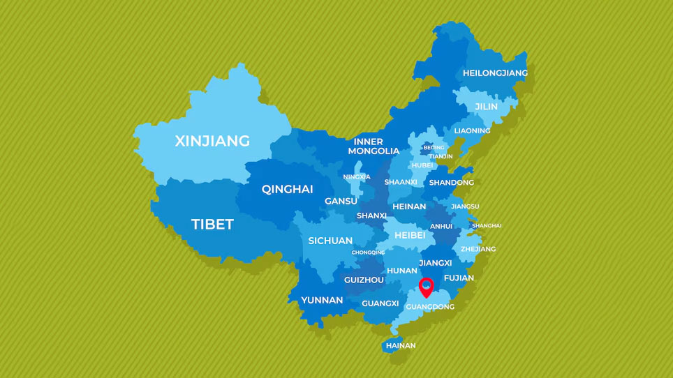 Map showing China's key production hubs for bag manufacturing, highlighting the Pearl River Delta region including Dongguan and Shenzhen.