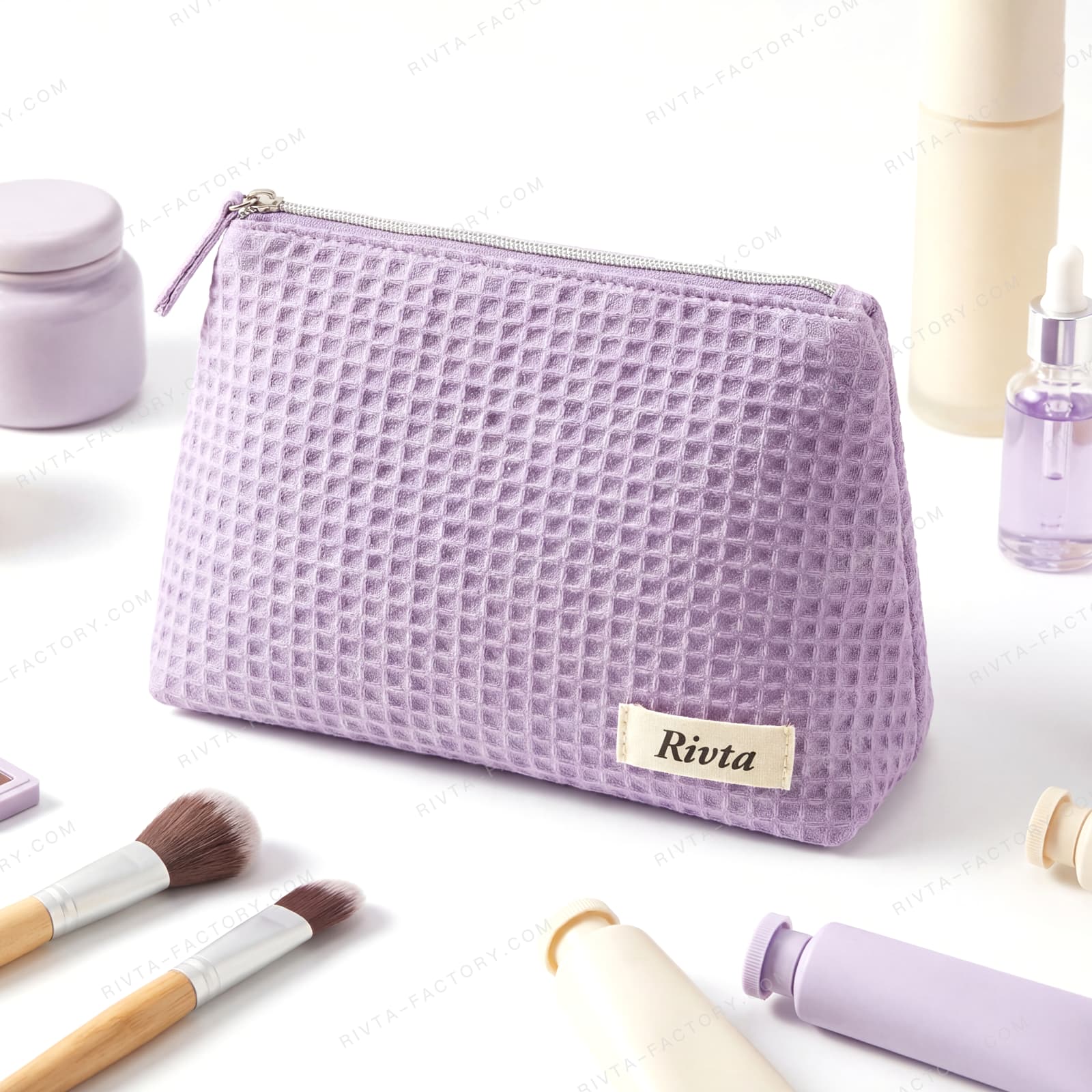 Cotton cosmetic pouch showing colour, zipper and woven label details that require a physical approval standard
