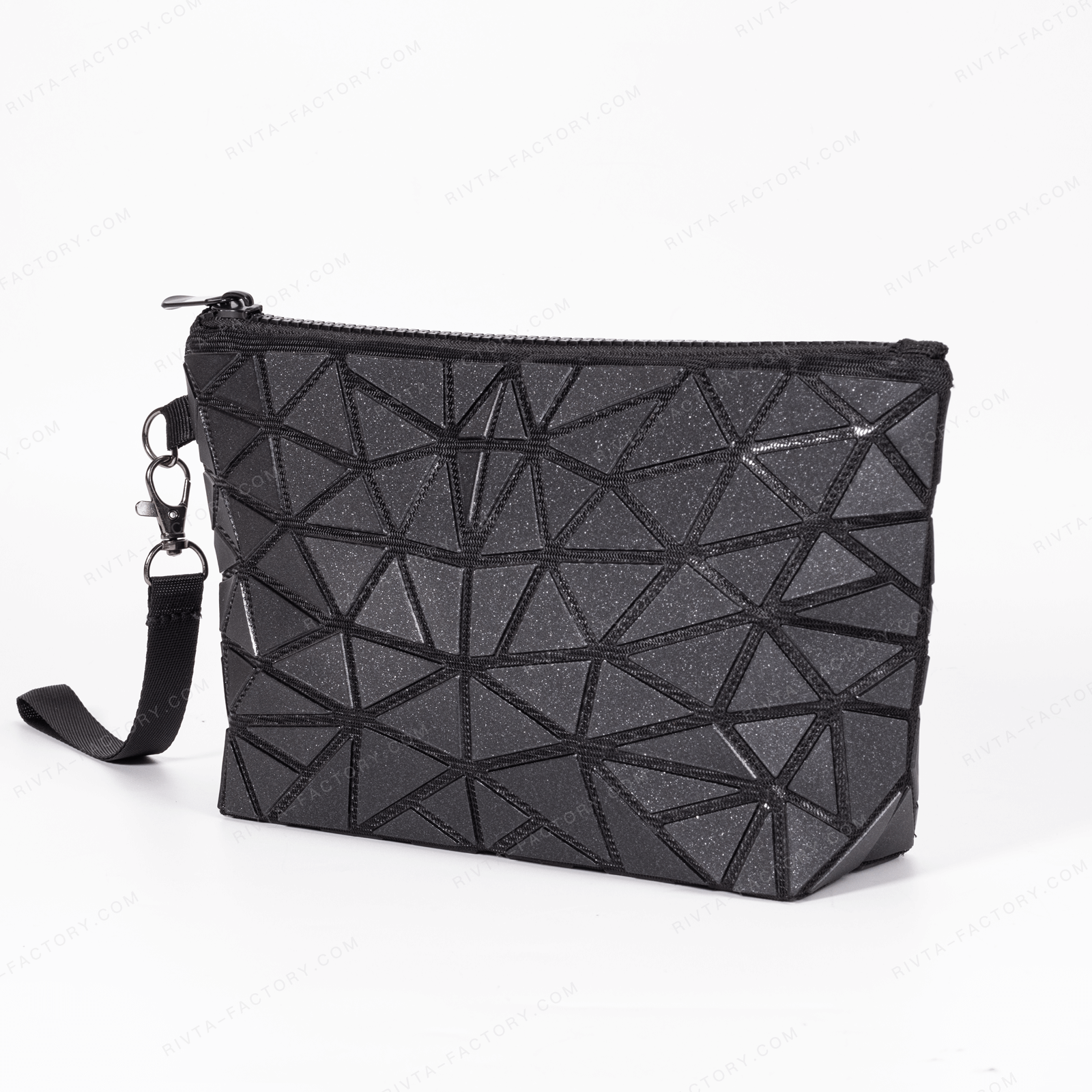 Black PU cosmetic pouch with a top zipper and detachable wrist strap for component review