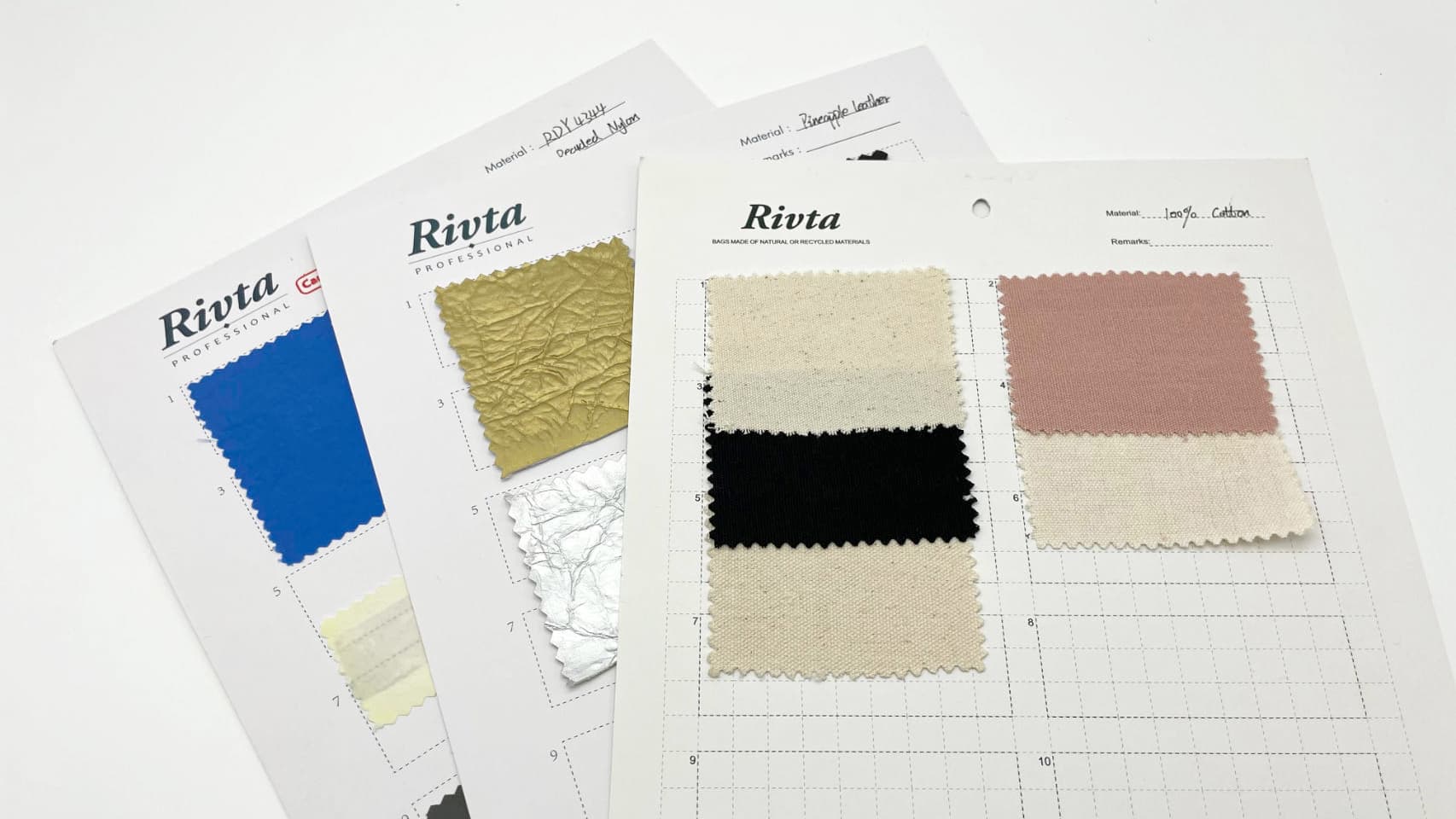 Rivta's RPET materials, recycled nylon cards and pineapple leather texture sample