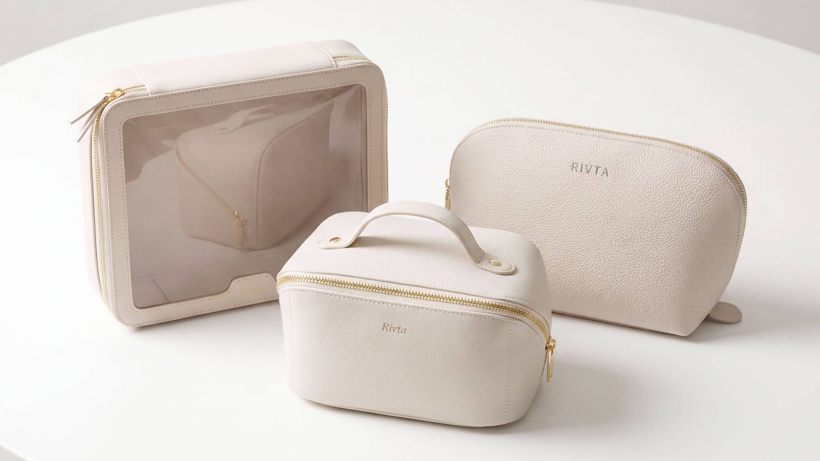 A collection of colorful, high-quality PU leather cosmetic bags arranged on a table.