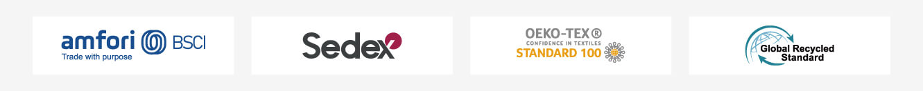 BSCI, SEDEX, GRS and OEKO-TEX certification logos arranged on white background.