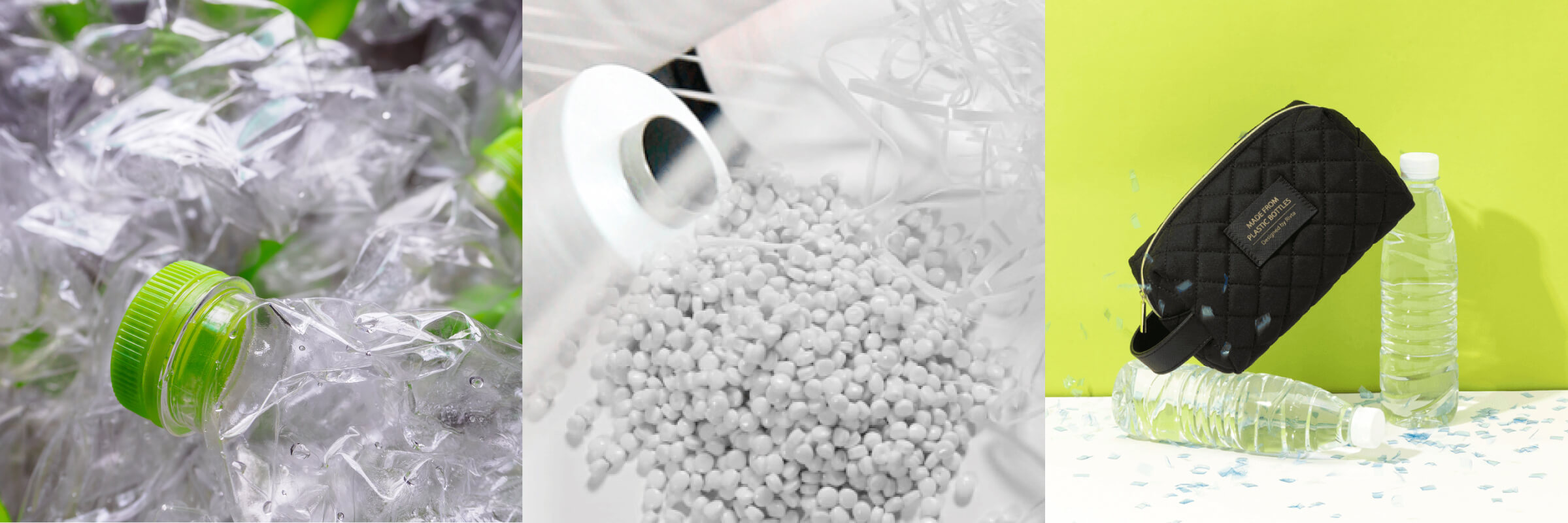 From discarded plastic bottles to recycled fabric for cosmetic bags: rPET material journey.