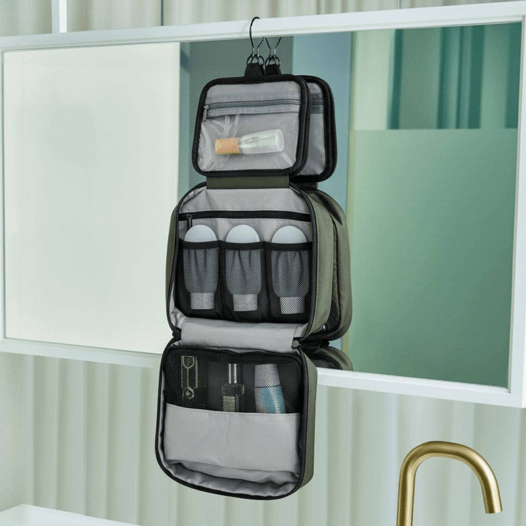 Custom hanging toiletry bag with compartments for travel product sets