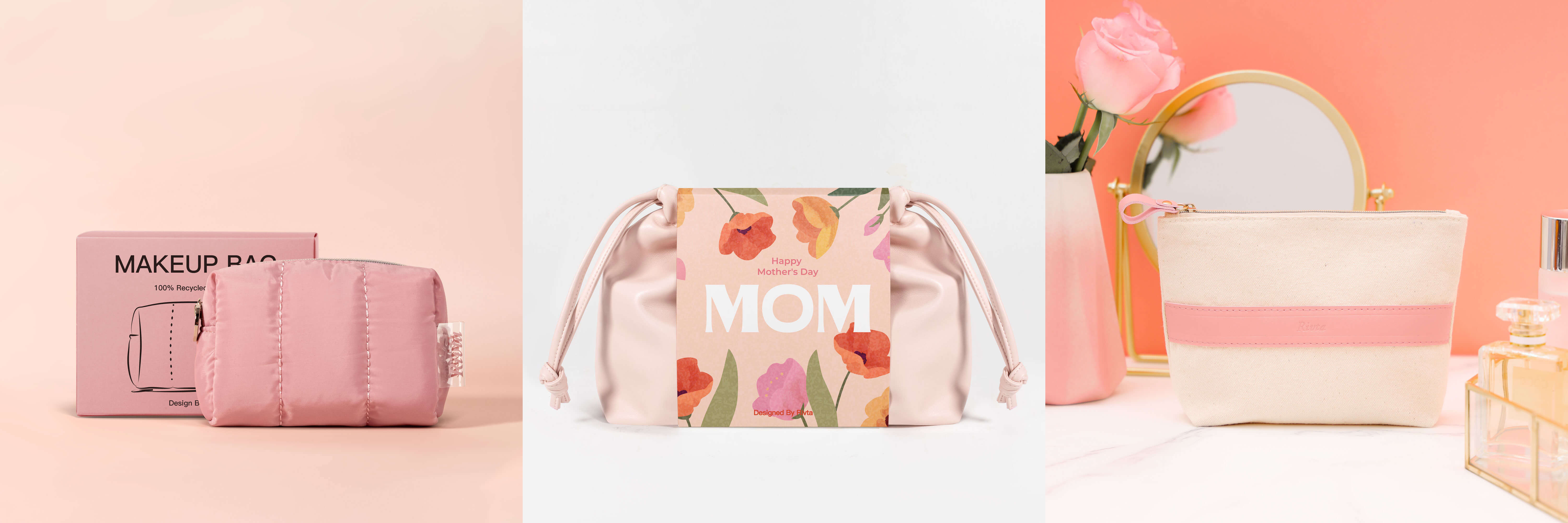 Makeup bag material swatches including rPET recycled PU cotton and vegan leather for beauty brands