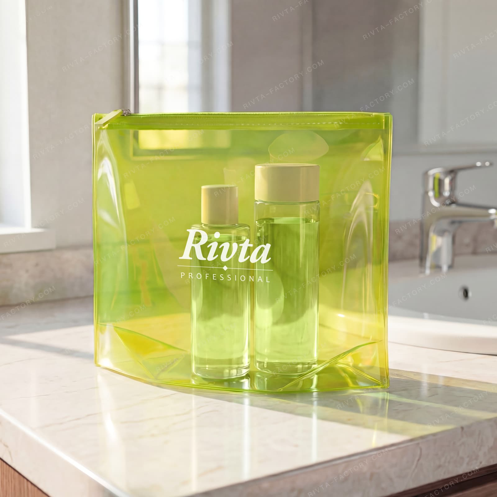 Clear cosmetic bag bottle fit sample for bulk travel and toiletry programs