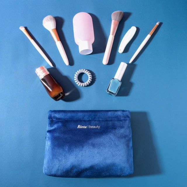 Premium blue cosmetic pouch route for airline beauty collaboration programs