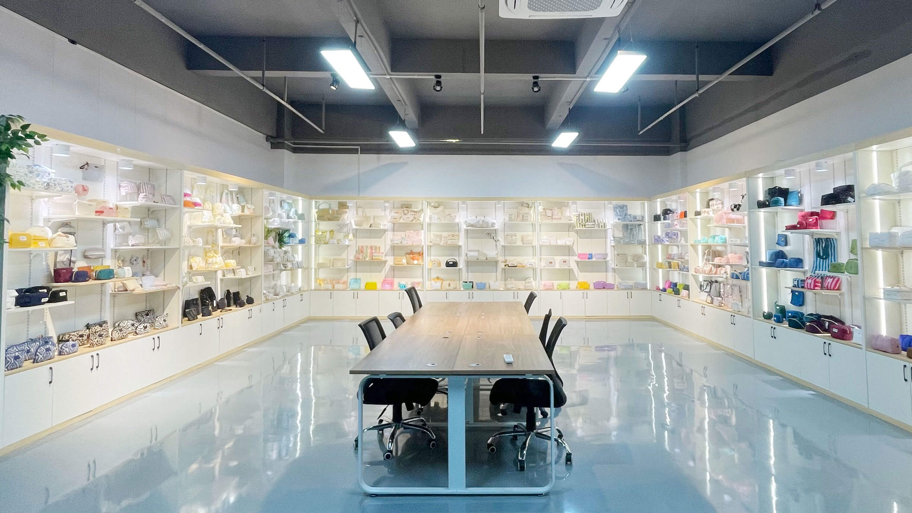 Rivta cosmetic bag factory showroom with product samples for hotel buyer review