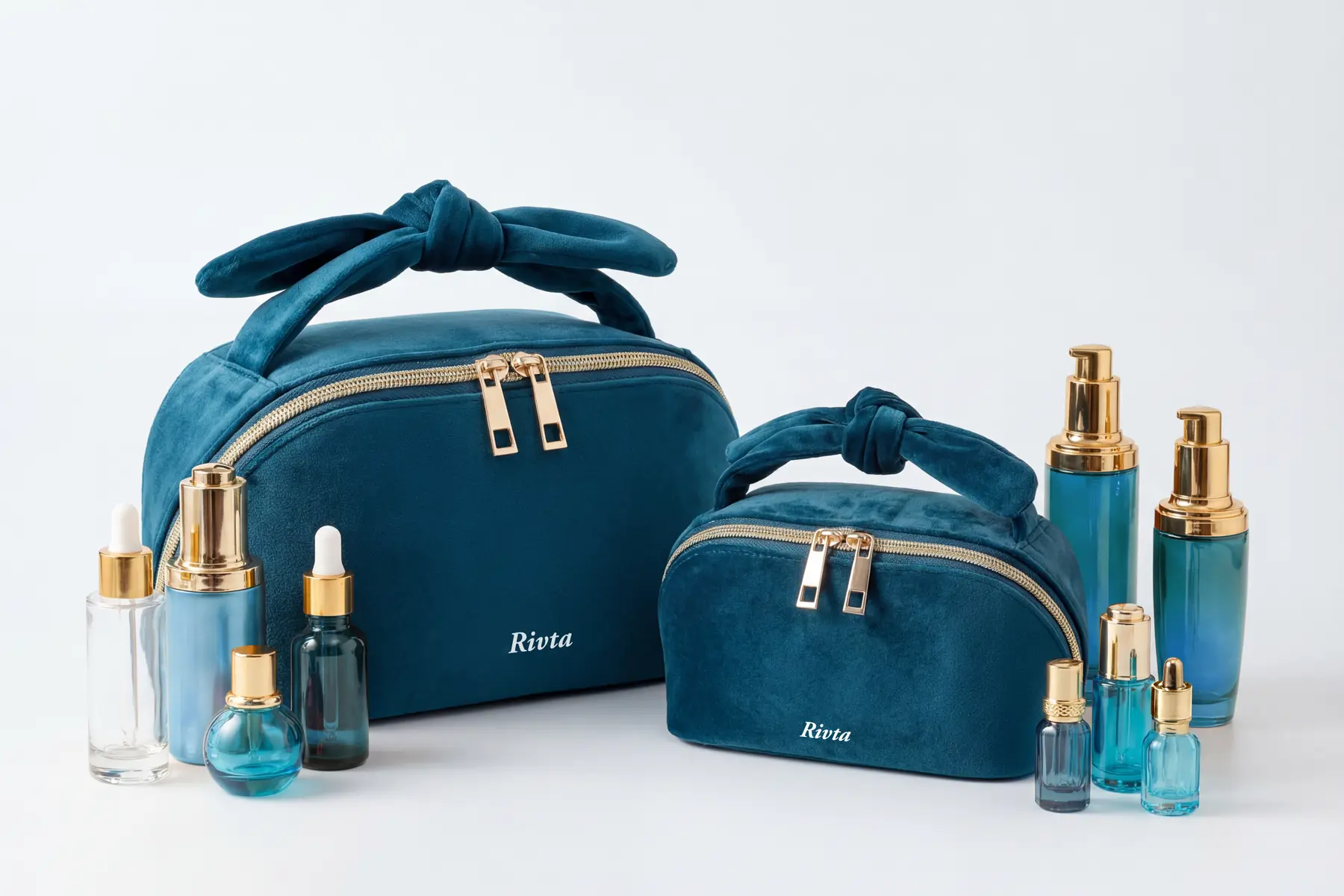 Velvet-like premium material route for airline beauty collaboration pouch