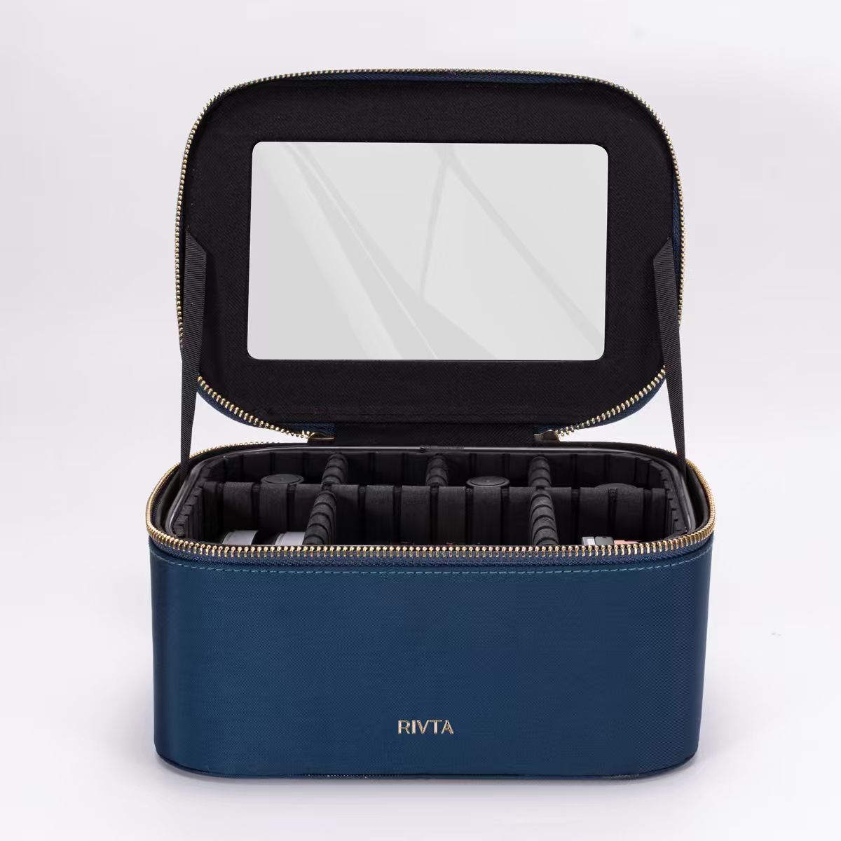 Open vanity case with mirror held at approximately 45 degrees and EVA divider tray from Rivta case G10037