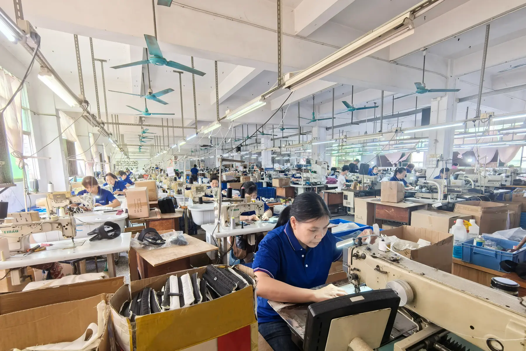 Cosmetic bag sewing line at Rivta Dongguan factory
