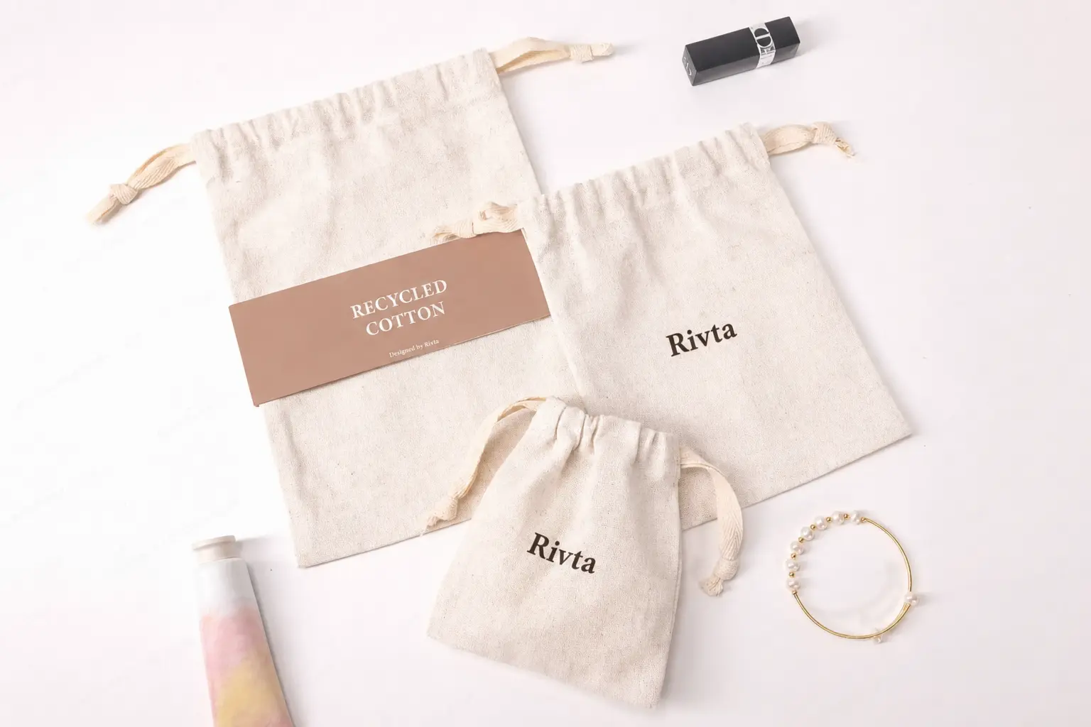 G10214 public display version of custom drawstring pouches with Rivta branding