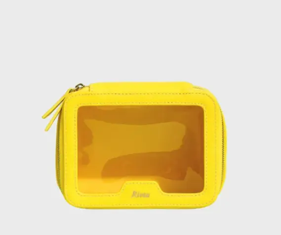Yellow recycled PU cosmetic case with transparent front window and wraparound metal zipper
