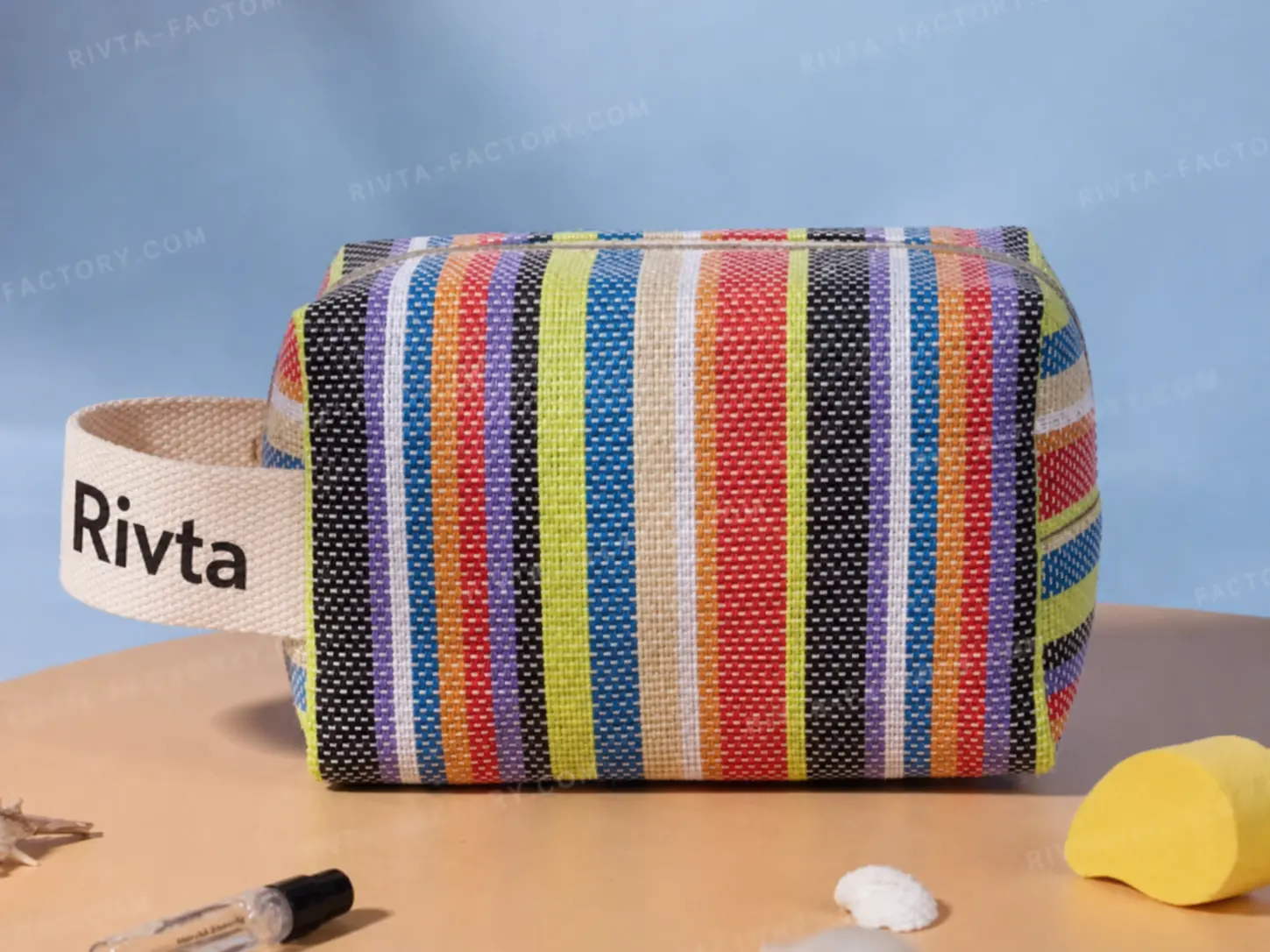Full-body PVC mesh cosmetic pouch with Rivta handle logo for front-view visibility review