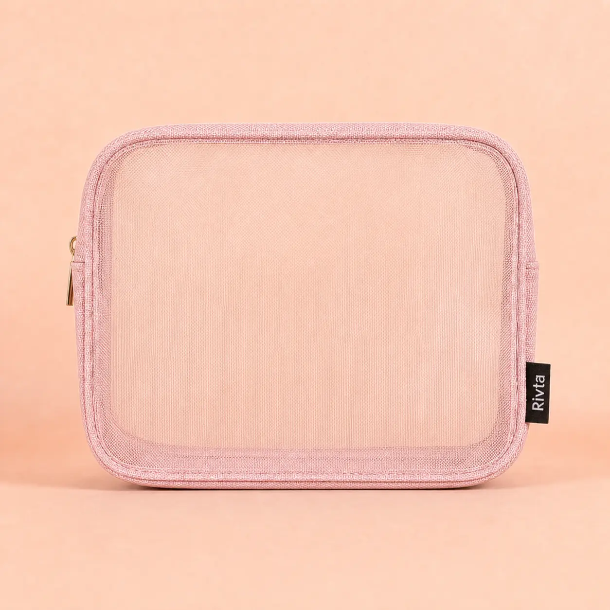 Pink bamboo-fiber toiletry bag with nylon mesh window for loaded-sample size review