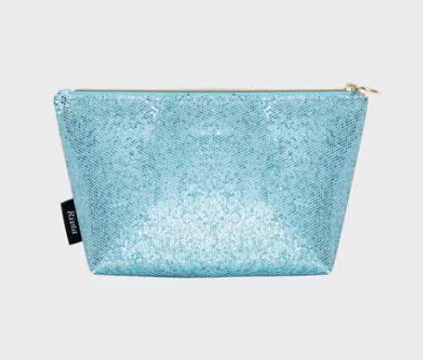 Bonded glitter cosmetic pouch with Rivta side label for surface and packout review