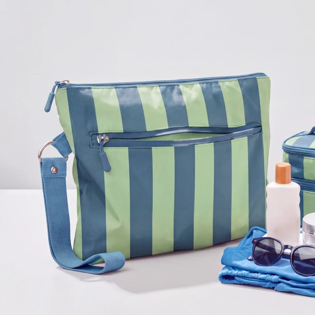 Custom Recycled PET Wet Swimsuit Bag with Wrist Strap | Striped Beach Pouch - CBR342