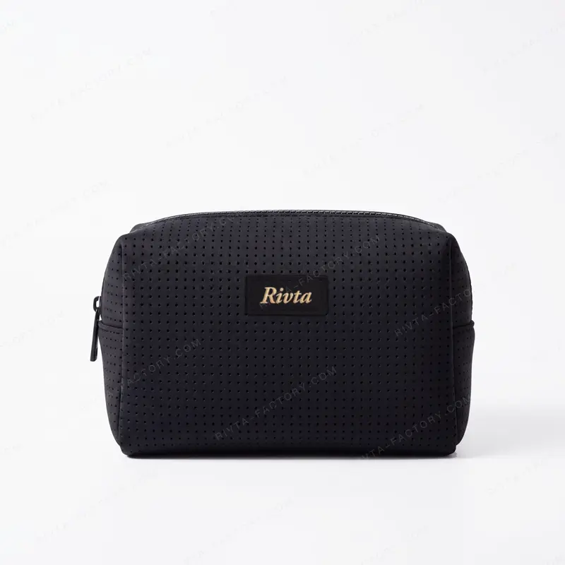 Custom black perforated neoprene cosmetic bag with custom logo for beauty brand OEM project - CBO117
