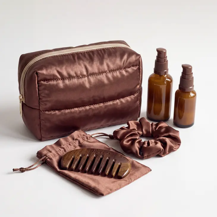 Brown quilted zipper pouch and matching drawstring pouch with display accessories