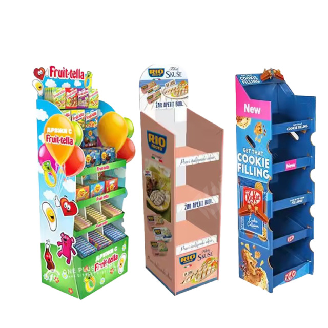 Multi layer corrugated paper snack and beverage display rack in supermarket stores