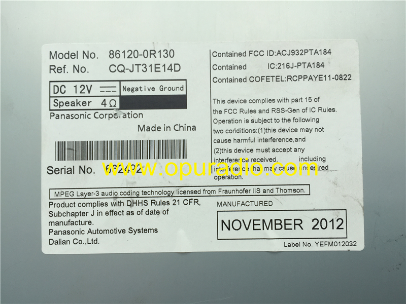 86120-0R130 Panasonic single CD Radio MP3 518C3 | Toyota Camry