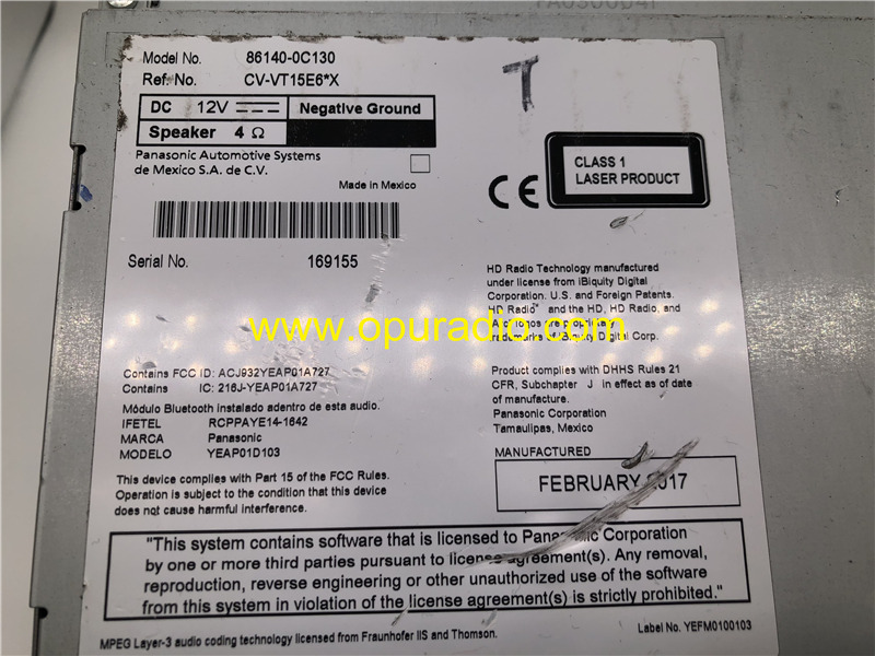 TOYOTA 86140-0C130 PANASONIC for 2015 2016 Tundra HD Radio Entune Touch Screen CD player APPS