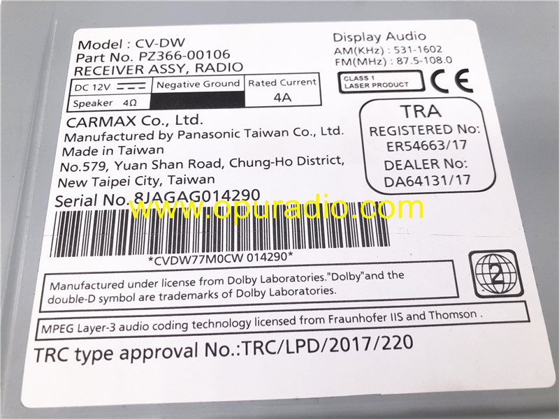 CV-DW PZ366-00106 RECEIVER ASSY RADIO Display Touch Screen for 2018 Toyota Land Crusier Prado Audio Phone Media USB AUX