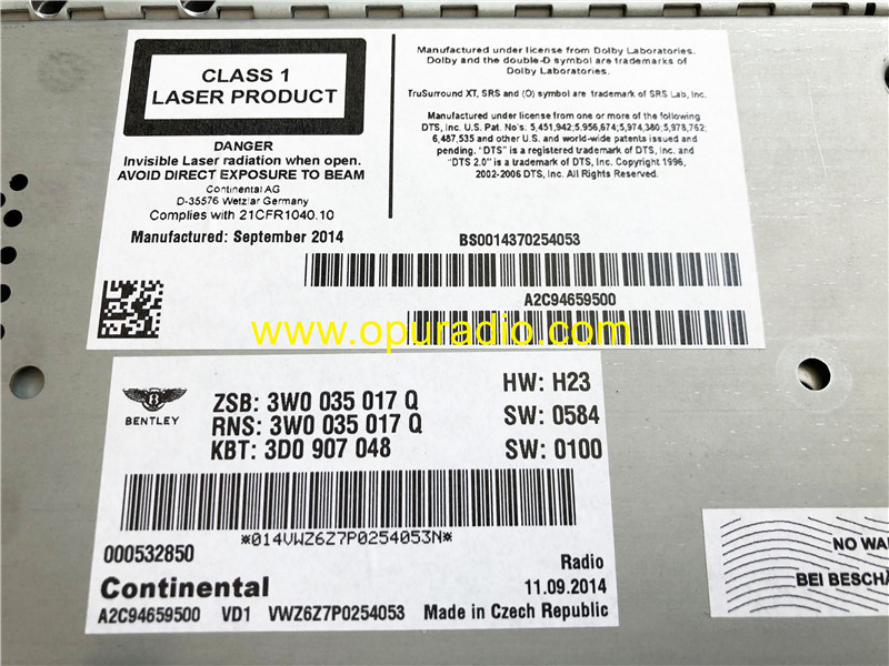 3W0035017Q Continental Sirius Radio for 2016-2018 Bentley Flying Spur 3W NEW GT C Satnav Infotainment W12 V8 North America MAP