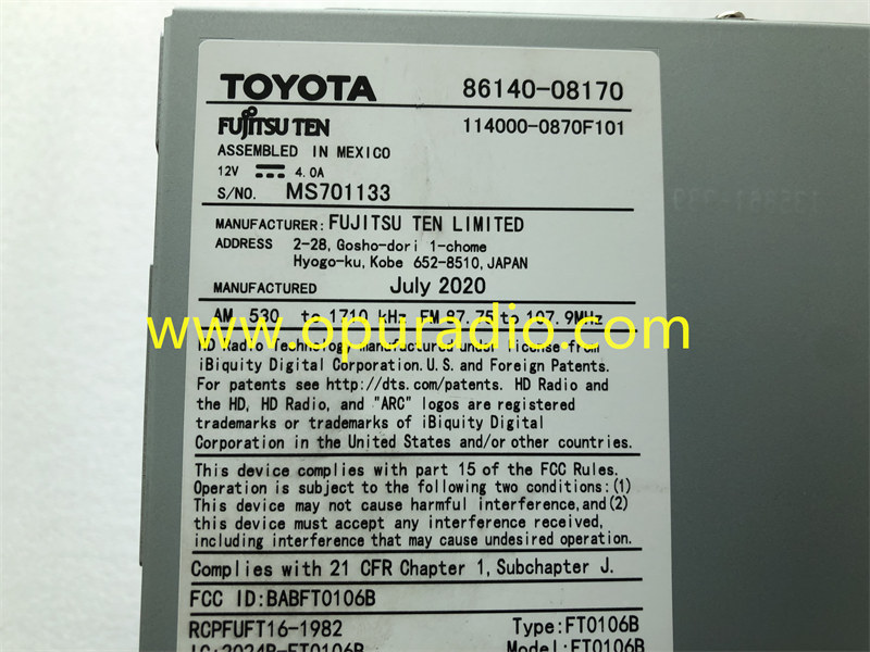FUJITSU TEN RADIO RECEIVER TOUCH DISPLAY 2019 2020 TOYOTA SIENNA 86140-08170 Carplay