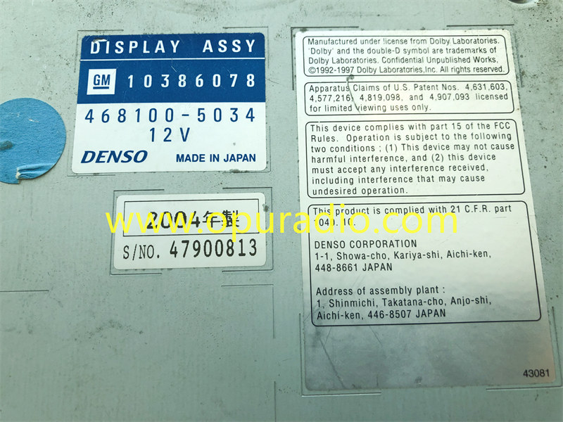 DISPLAY ASSY GM 10386078 DENSO RADIO For 2004-2006 Cadillac SRX CD Navigation