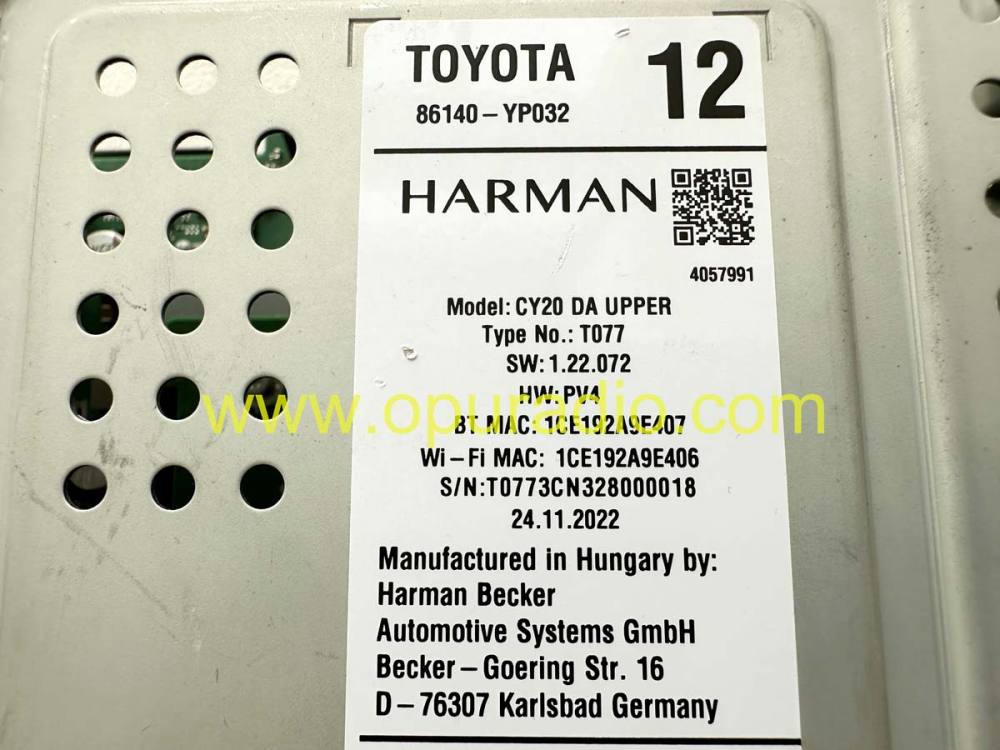 Mainboard HARMAN 86140-YP032 2022-2024 TOYOTA Yaris Cross Car Navigation