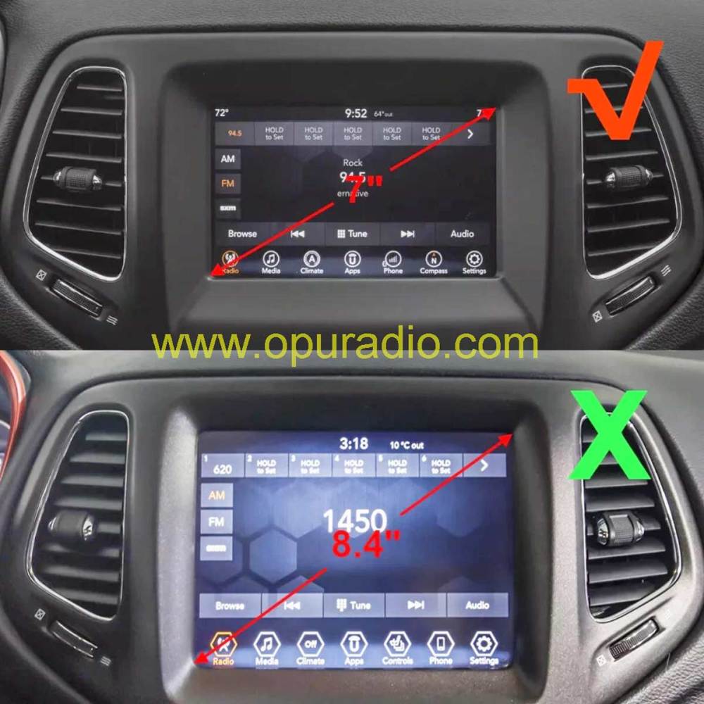 Correct 7 inch vs wrong 8.4 inch radio screen fitment comparison for Jeep Compass Uconnect VP2