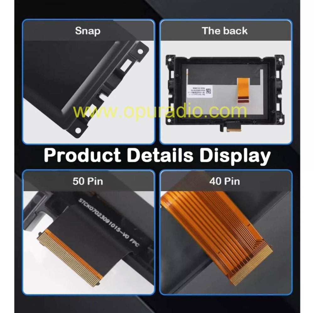 Product details collage of 7 inch Jeep Compass Uconnect VP2 LCD touch screen snap back flex cable pinout
