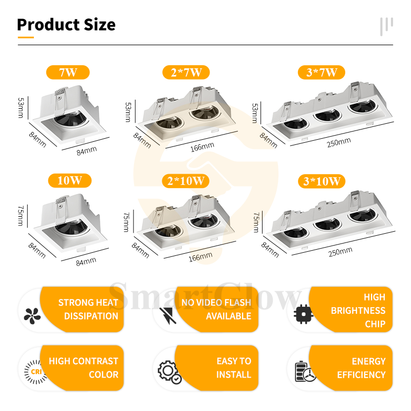 【SG802】3-inch Adjustable Square Multiple Head Recessed Anti Glare LED Spot Lights
