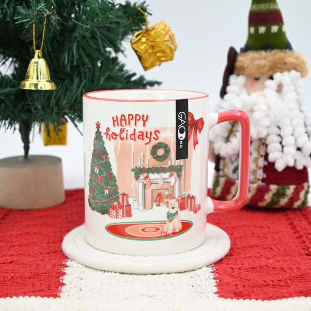 Microwave Safe 15oz Ceramic Coffee Mug With Christmas Design Accept Cuctom Logo 15oz Christmas Mug With Colorful Handle & Rim