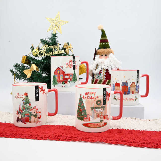 Microwave Safe 15oz Ceramic Coffee Mug With Christmas Design Accept Cuctom Logo 15oz Christmas Mug With Colorful Handle & Rim