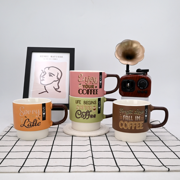 Hot Selling Stackable Coffee Mugs Custom Logo 330ml Custom Stackable Cafe Mugs With Decal Logo Stackable Custom Mugs