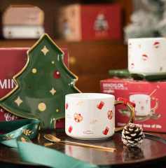 Wholesale Christmas Gift Ceramic Coffee Cup With Gold Handle Creative Cartoon Cute Christmas Mugs With Gift Box