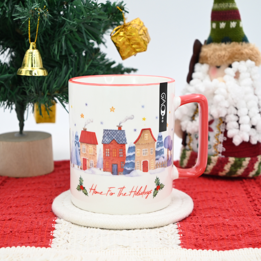 Microwave Safe 15oz Ceramic Coffee Mug With Christmas Design Accept Cuctom Logo 15oz Christmas Mug With Colorful Handle & Rim