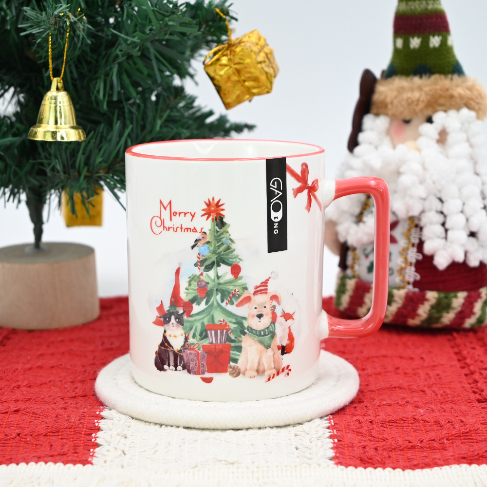 Microwave Safe 15oz Ceramic Coffee Mug With Christmas Design Accept Cuctom Logo 15oz Christmas Mug With Colorful Handle & Rim