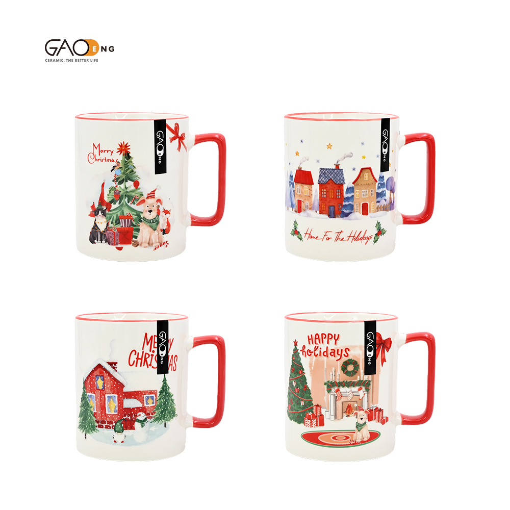Microwave Safe 15oz Ceramic Coffee Mug With Christmas Design Accept Cuctom Logo 15oz Christmas Mug With Colorful Handle & Rim