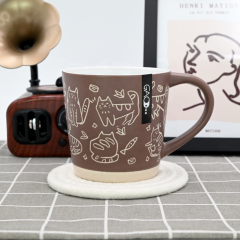 Wholesale 11oz Brown White Color Glazed Mug with Cat Design  Cartoon Coffee Cup