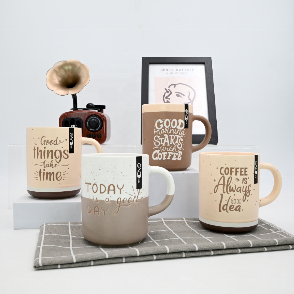15oz  Two-tone Color Glazed Ceramic Coffee Mug with Wax Resist Design Custom Matte Color Mug with Silk Printing