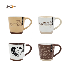 Wholesale 11oz Brown White Color Glazed Mug with Cat Design  Cartoon Coffee Cup