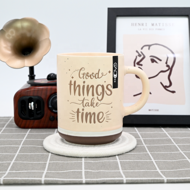 15oz  Two-tone Color Glazed Ceramic Coffee Mug with Wax Resist Design Custom Matte Color Mug with Silk Printing