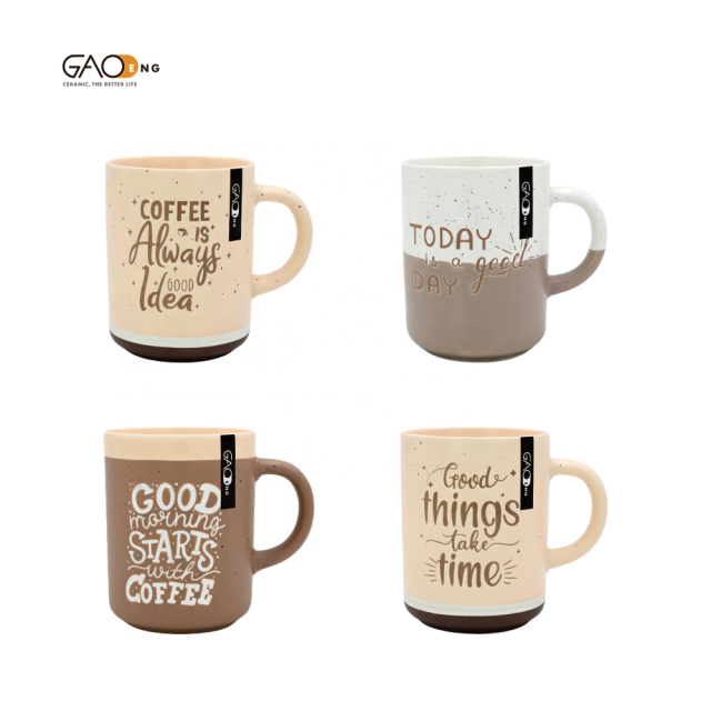15oz  Two-tone Color Glazed Ceramic Coffee Mug with Wax Resist Design Custom Matte Color Mug with Silk Printing