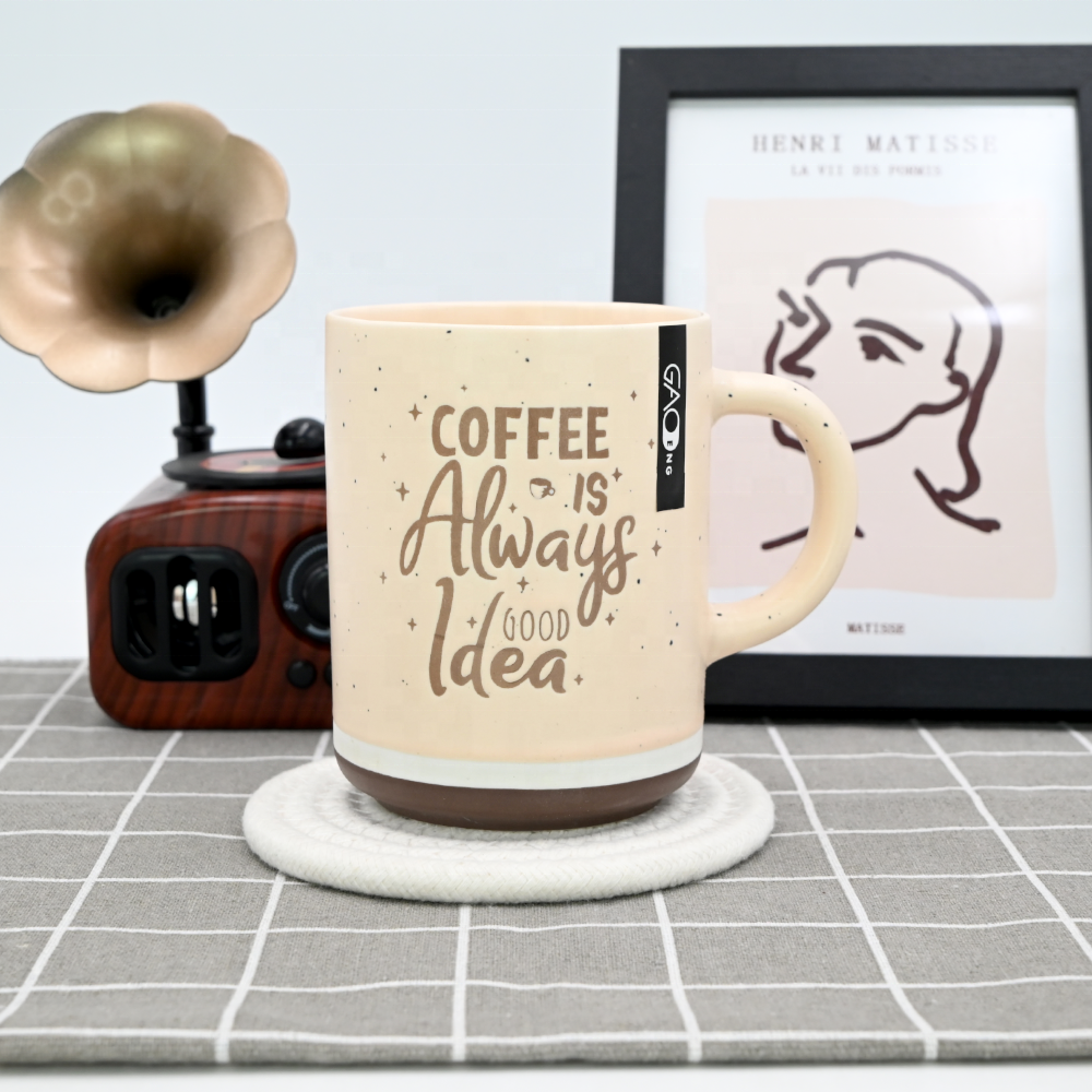 15oz  Two-tone Color Glazed Ceramic Coffee Mug with Wax Resist Design Custom Matte Color Mug with Silk Printing
