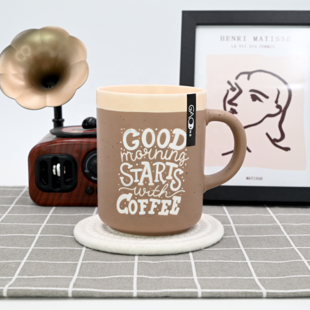 15oz  Two-tone Color Glazed Ceramic Coffee Mug with Wax Resist Design Custom Matte Color Mug with Silk Printing