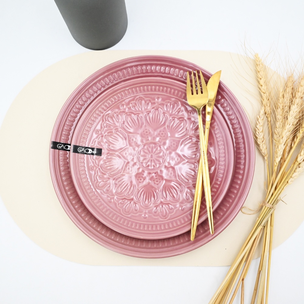 High Quality Custom Dinnerware Set Embossed pink Reactive Tableware Set