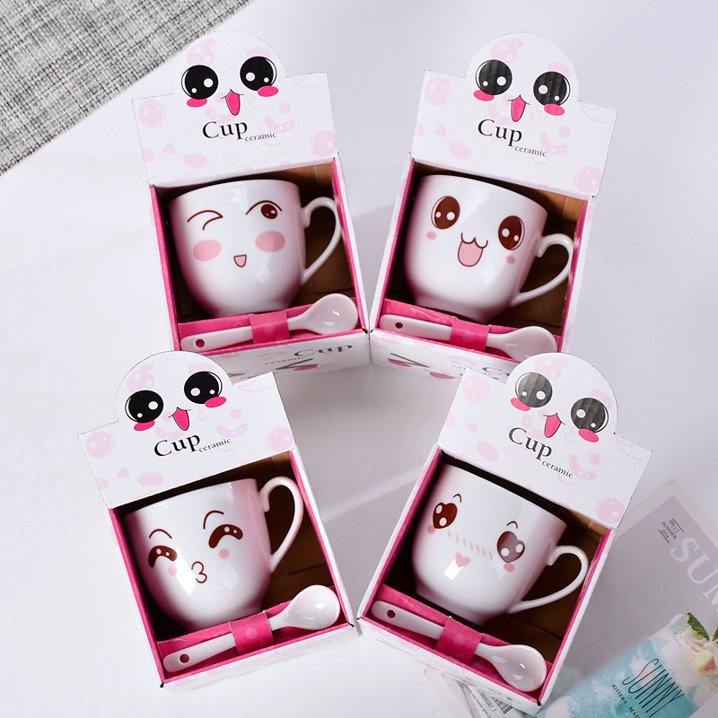 Custom Pretty Ceramic Kids Cup Set and Gift Box Cartoon Design Child Cups With Spoon Supplier